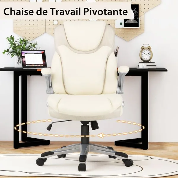 Chaise de Bureau de Direction en Cuir Pu à Bascule Hauteur Réglable Chaise de Travail Ergonomique avec Accoudoirs Rabattables Pivotante à 360° Blanc