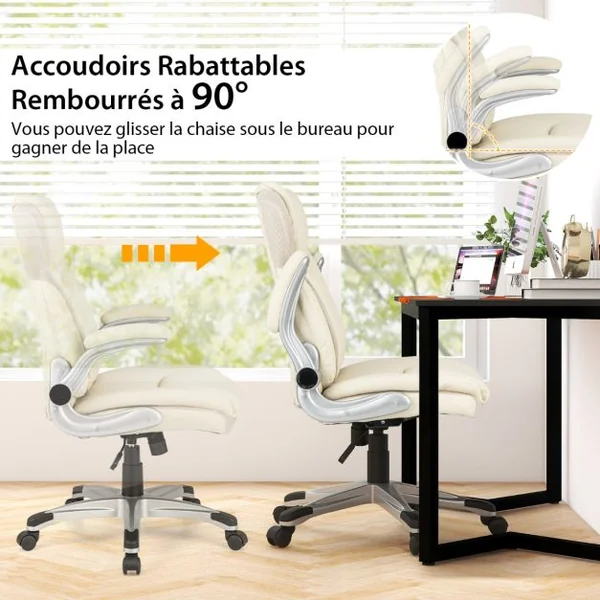 Chaise de Bureau de Direction en Cuir Pu à Bascule Hauteur Réglable Chaise de Travail Ergonomique avec Accoudoirs Rabattables Pivotante à 360° Blanc