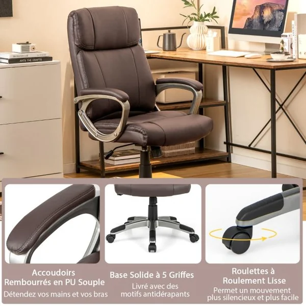 Chaise de Bureau de Direction en Cuir Pu à Bascule Hauteur Réglable Chaise de Travail Ergonomique avec Accoudoirs Rembourrés Pivotante à 360° Marron