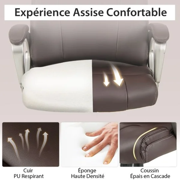 Chaise de Bureau de Direction en Cuir Pu à Bascule Hauteur Réglable Chaise de Travail Ergonomique avec Accoudoirs Rembourrés Pivotante à 360° Marron