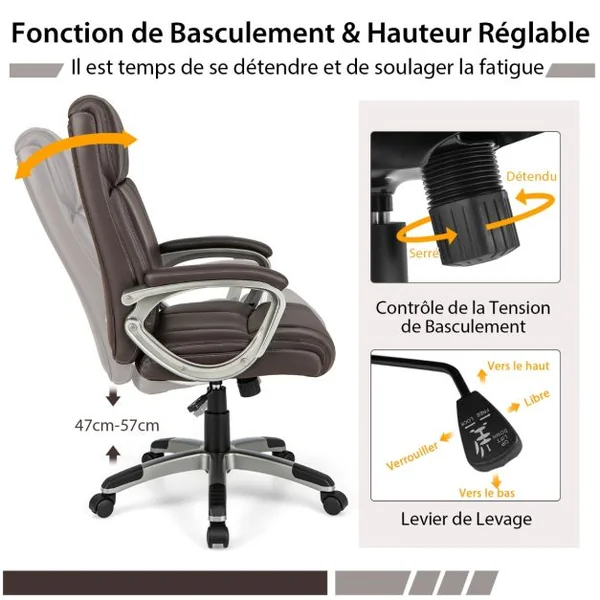 Chaise de Bureau de Direction en Cuir Pu à Bascule Hauteur Réglable Chaise de Travail Ergonomique avec Accoudoirs Rembourrés Pivotante à 360° Marron