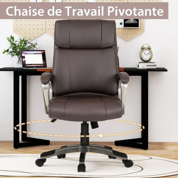 Chaise de Bureau de Direction en Cuir Pu à Bascule Hauteur Réglable Chaise de Travail Ergonomique avec Accoudoirs Rembourrés Pivotante à 360° Marron
