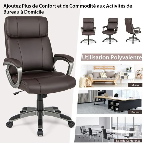 Chaise de Bureau de Direction en Cuir Pu à Bascule Hauteur Réglable Chaise de Travail Ergonomique avec Accoudoirs Rembourrés Pivotante à 360° Marron