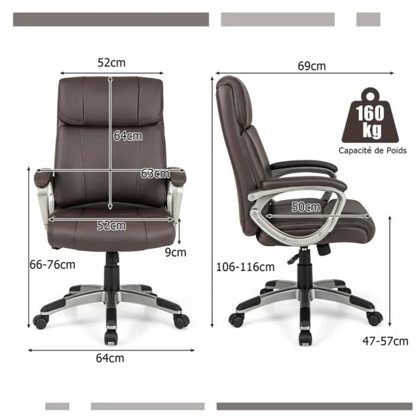 Chaise de Bureau de Direction en Cuir Pu à Bascule Hauteur Réglable Chaise de Travail Ergonomique avec Accoudoirs Rembourrés Pivotante à 360° Marron