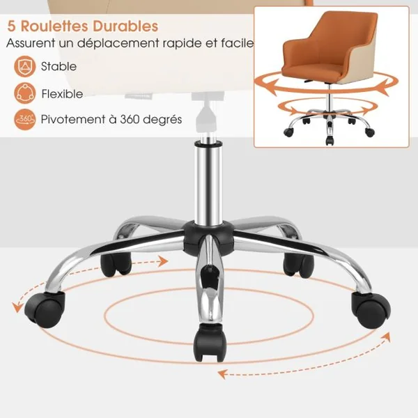 Chaise de Bureau en Cuir PU Siège Réglable Fauteuil de Bureau Pivotant Siège Ergonomique Charge 150 kg Marron