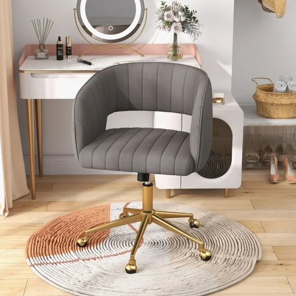 Chaise de Bureau en Velours Pivotante Angle du Dossier Réglable et Largeur du Siège 52 cm et Roulettes Dorées Réglable en Hauteur Gris