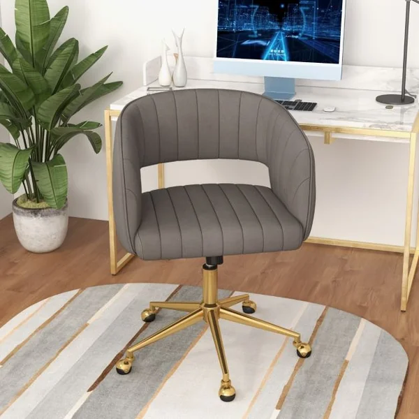 Chaise de Bureau en Velours Pivotante Angle du Dossier Réglable et Largeur du Siège 52 cm et Roulettes Dorées Réglable en Hauteur Gris
