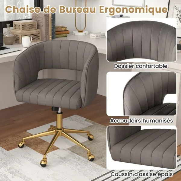 Chaise de Bureau en Velours Pivotante Angle du Dossier Réglable et Largeur du Siège 52 cm et Roulettes Dorées Réglable en Hauteur Gris