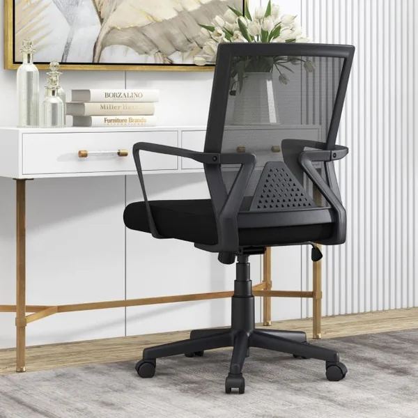 Chaise de Bureau Ergonomique Chaise de Travail avec Dossier à Bascule Pivotante en Maille avec Accoudoirs pour Chambre Bureau Noir