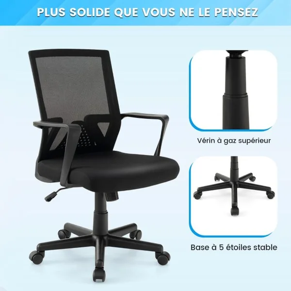 Chaise de Bureau Ergonomique Chaise de Travail avec Dossier à Bascule Pivotante en Maille avec Accoudoirs pour Chambre Bureau Noir