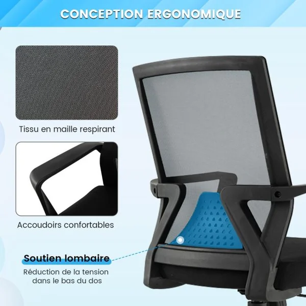 Chaise de Bureau Ergonomique Chaise de Travail avec Dossier à Bascule Pivotante en Maille avec Accoudoirs pour Chambre Bureau Noir
