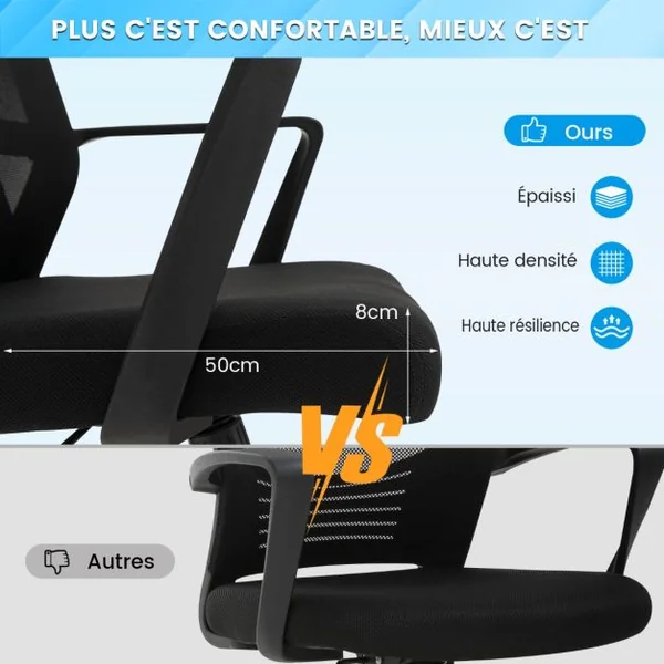Chaise de Bureau Ergonomique Chaise de Travail avec Dossier à Bascule Pivotante en Maille avec Accoudoirs pour Chambre Bureau Noir