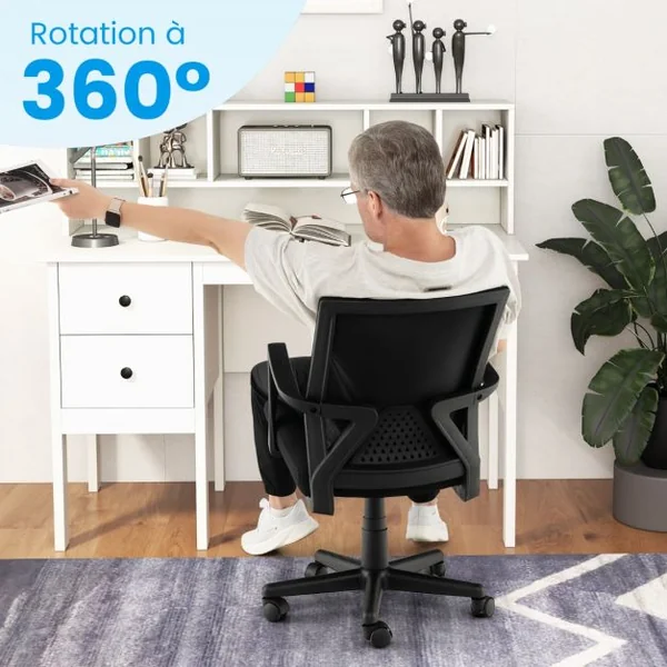 Chaise de Bureau Ergonomique Chaise de Travail avec Dossier à Bascule Pivotante en Maille avec Accoudoirs pour Chambre Bureau Noir