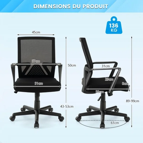 Chaise de Bureau Ergonomique Chaise de Travail avec Dossier à Bascule Pivotante en Maille avec Accoudoirs pour Chambre Bureau Noir