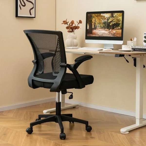 Chaise de Bureau Ergonomique Chaise de Travail Pivotante Réglable avec Accoudoirs Rabattables Dossier à Bascule à 30° Noir