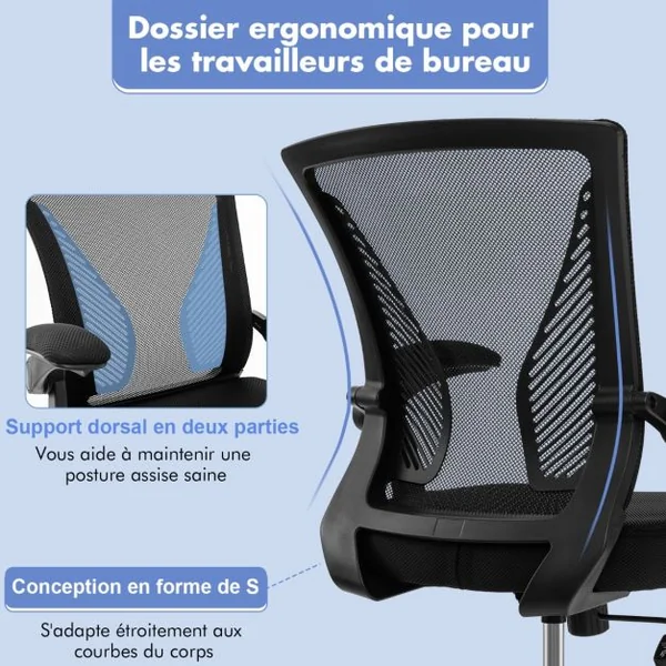 Chaise de Bureau Ergonomique Chaise de Travail Pivotante Réglable avec Accoudoirs Rabattables Dossier à Bascule à 30° Noir