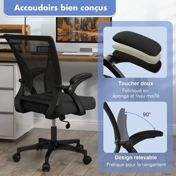 Chaise de Bureau Ergonomique Chaise de Travail Pivotante Réglable avec Accoudoirs Rabattables Dossier à Bascule à 30° Noir
