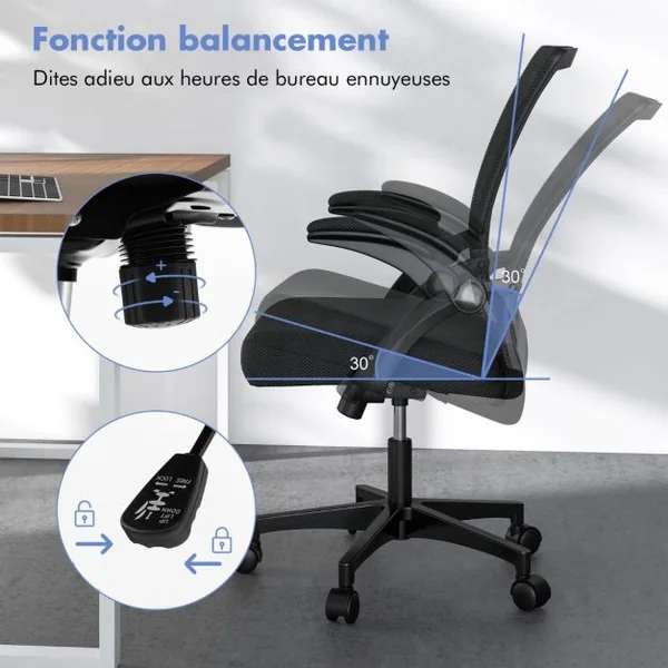 Chaise de Bureau Ergonomique Chaise de Travail Pivotante Réglable avec Accoudoirs Rabattables Dossier à Bascule à 30° Noir