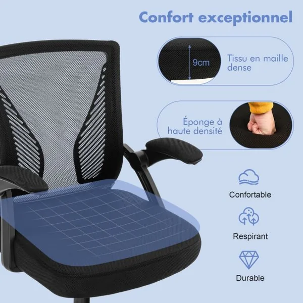 Chaise de Bureau Ergonomique Chaise de Travail Pivotante Réglable avec Accoudoirs Rabattables Dossier à Bascule à 30° Noir