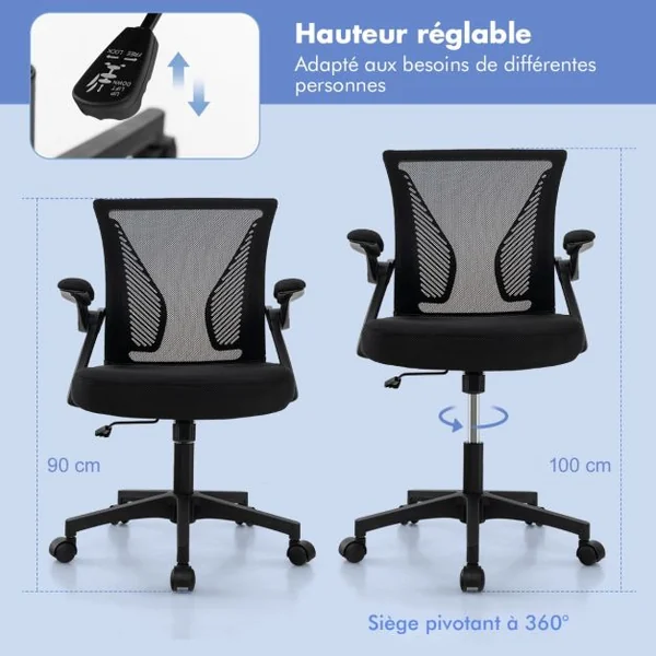 Chaise de Bureau Ergonomique Chaise de Travail Pivotante Réglable avec Accoudoirs Rabattables Dossier à Bascule à 30° Noir