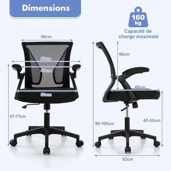 Chaise de Bureau Ergonomique Chaise de Travail Pivotante Réglable avec Accoudoirs Rabattables Dossier à Bascule à 30° Noir