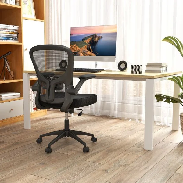 Chaise de Bureau Ergonomique Chaise Pivotante avec Accoudoirs Escamotables Soutien Lombaire Réglable et Dossier Basculant de 90° à 120° Noir