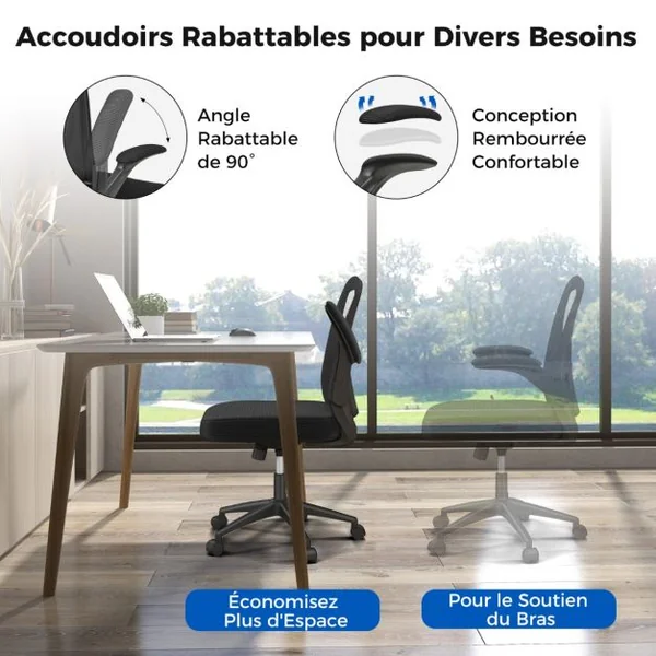 Chaise de Bureau Ergonomique Chaise Pivotante avec Accoudoirs Escamotables Soutien Lombaire Réglable et Dossier Basculant de 90° à 120° Noir