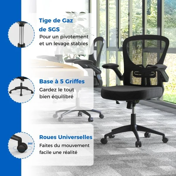 Chaise de Bureau Ergonomique Chaise Pivotante avec Accoudoirs Escamotables Soutien Lombaire Réglable et Dossier Basculant de 90° à 120° Noir