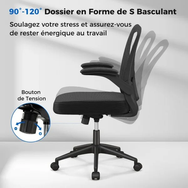 Chaise de Bureau Ergonomique Chaise Pivotante avec Accoudoirs Escamotables Soutien Lombaire Réglable et Dossier Basculant de 90° à 120° Noir