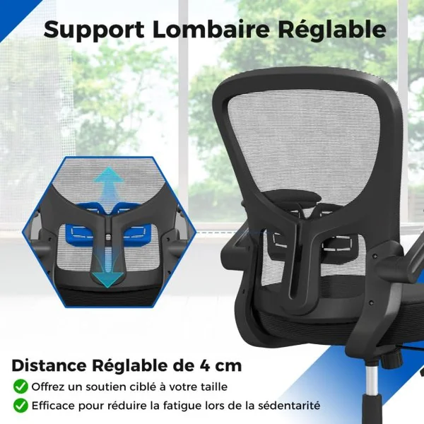 Chaise de Bureau Ergonomique Chaise Pivotante avec Accoudoirs Escamotables Soutien Lombaire Réglable et Dossier Basculant de 90° à 120° Noir