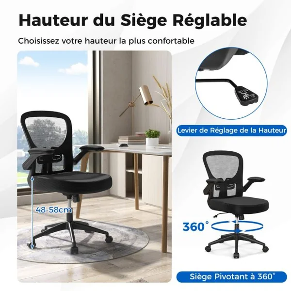 Chaise de Bureau Ergonomique Chaise Pivotante avec Accoudoirs Escamotables Soutien Lombaire Réglable et Dossier Basculant de 90° à 120° Noir