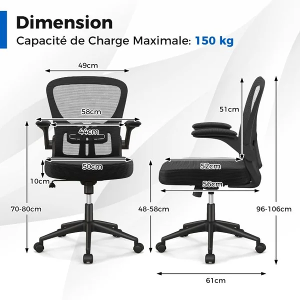 Chaise de Bureau Ergonomique Chaise Pivotante avec Accoudoirs Escamotables Soutien Lombaire Réglable et Dossier Basculant de 90° à 120° Noir