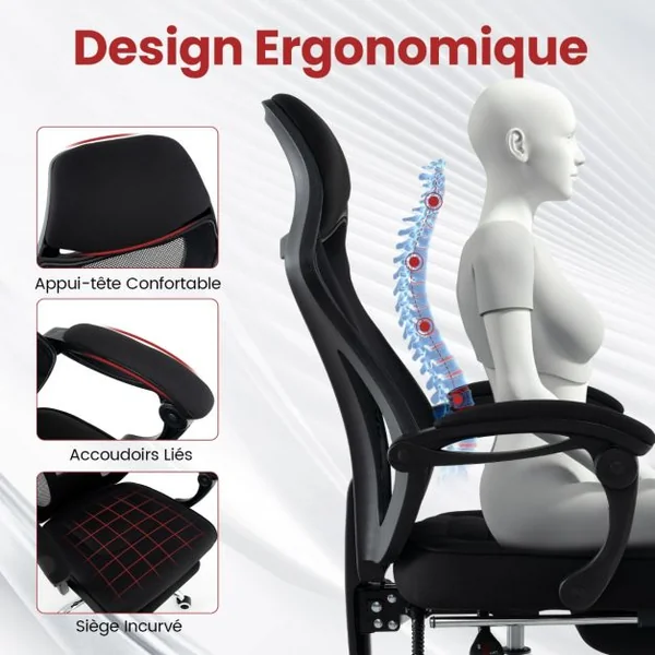 Chaise de Bureau Ergonomique en Maille avec Repose-pieds Chaise de Direction Pivotante Dossier Réglable Appui-tête Accoudoirs Noir