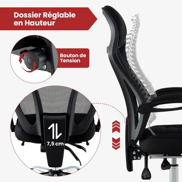Chaise de Bureau Ergonomique en Maille avec Repose-pieds Chaise de Direction Pivotante Dossier Réglable Appui-tête Accoudoirs Noir