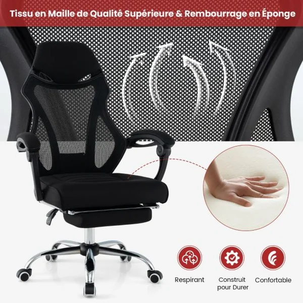 Chaise de Bureau Ergonomique en Maille avec Repose-pieds Chaise de Direction Pivotante Dossier Réglable Appui-tête Accoudoirs Noir