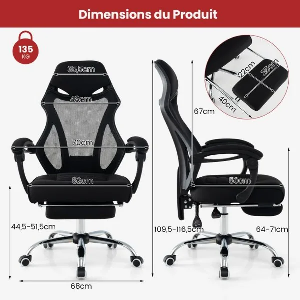 Chaise de Bureau Ergonomique en Maille avec Repose-pieds Chaise de Direction Pivotante Dossier Réglable Appui-tête Accoudoirs Noir