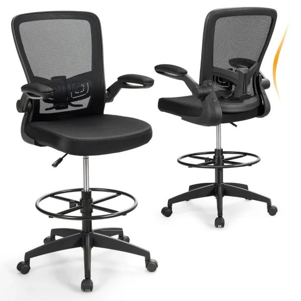 Chaise de Bureau Ergonomique en Maille avec Roulettes Accoudoirs Rabattables Anneau Repose-Pieds Réglable en Hauteur Cadre en Métal Solide Charge 120 kg