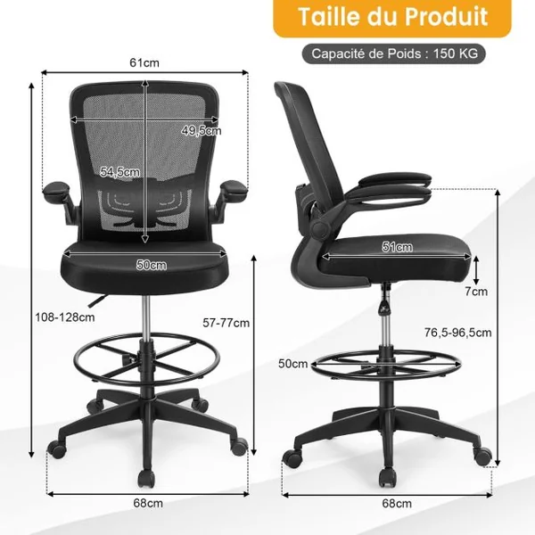 Chaise de Bureau Ergonomique en Maille avec Roulettes Accoudoirs Rabattables Anneau Repose-Pieds Réglable en Hauteur Cadre en Métal Solide Charge 120 kg