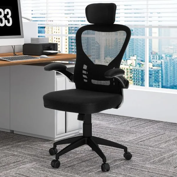 Chaise de Bureau Ergonomique en Maille Chaise de Direction Accoudoirs Rabattables Hauteur et Appui-tête et Soutien Lombaire Réglables Noir