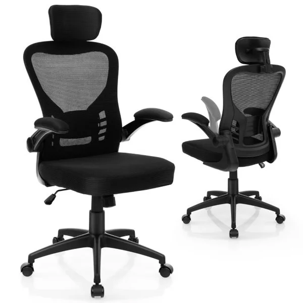 Chaise de Bureau Ergonomique en Maille Chaise de Direction Accoudoirs Rabattables Hauteur et Appui-tête et Soutien Lombaire Réglables Noir