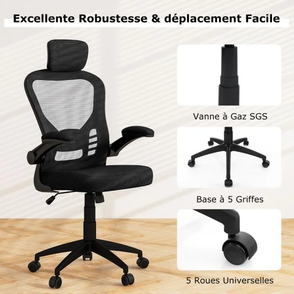Chaise de Bureau Ergonomique en Maille Chaise de Direction Accoudoirs Rabattables Hauteur et Appui-tête et Soutien Lombaire Réglables Noir