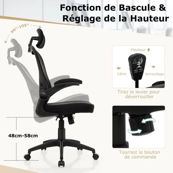 Chaise de Bureau Ergonomique en Maille Chaise de Direction Accoudoirs Rabattables Hauteur et Appui-tête et Soutien Lombaire Réglables Noir
