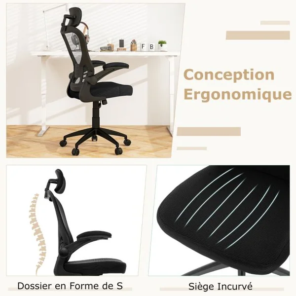 Chaise de Bureau Ergonomique en Maille Chaise de Direction Accoudoirs Rabattables Hauteur et Appui-tête et Soutien Lombaire Réglables Noir