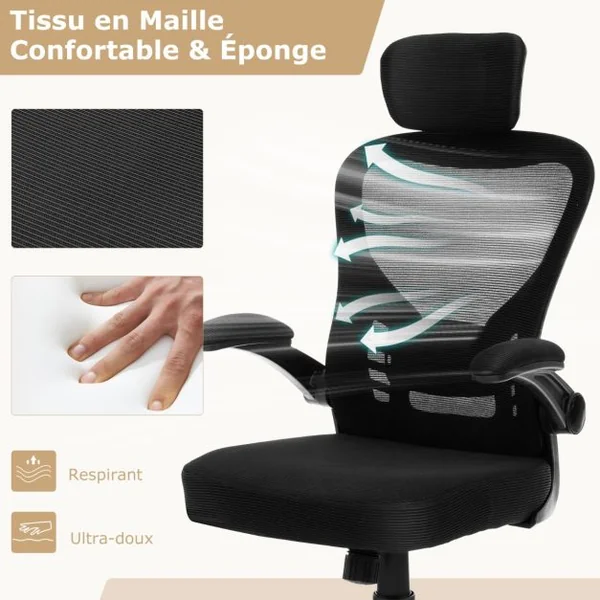Chaise de Bureau Ergonomique en Maille Chaise de Direction Accoudoirs Rabattables Hauteur et Appui-tête et Soutien Lombaire Réglables Noir