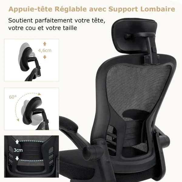 Chaise de Bureau Ergonomique en Maille Chaise de Direction Accoudoirs Rabattables Hauteur et Appui-tête et Soutien Lombaire Réglables Noir