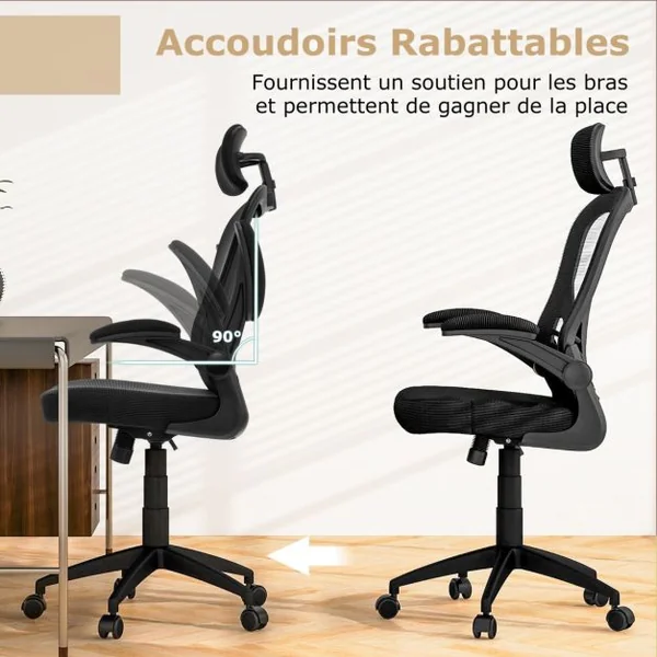 Chaise de Bureau Ergonomique en Maille Chaise de Direction Accoudoirs Rabattables Hauteur et Appui-tête et Soutien Lombaire Réglables Noir