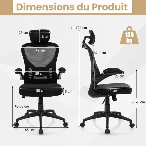 Chaise de Bureau Ergonomique en Maille Chaise de Direction Accoudoirs Rabattables Hauteur et Appui-tête et Soutien Lombaire Réglables Noir