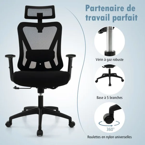 Chaise de Bureau Ergonomique en Maille Chaise de Travail Pivotante Réglable Dossier à Bascule de 90° à 120° Support Lombaire Réglable Noir