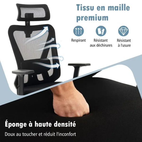 Chaise de Bureau Ergonomique en Maille Chaise de Travail Pivotante Réglable Dossier à Bascule de 90° à 120° Support Lombaire Réglable Noir