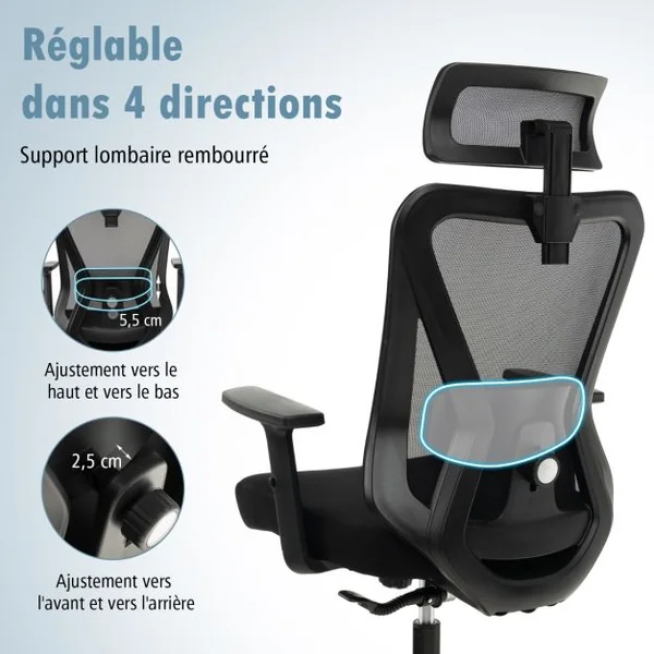 Chaise de Bureau Ergonomique en Maille Chaise de Travail Pivotante Réglable Dossier à Bascule de 90° à 120° Support Lombaire Réglable Noir